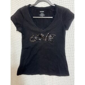 Express Womens XS Black‎ Love Sequin V Neck Short Sleeve T-Shirt Top